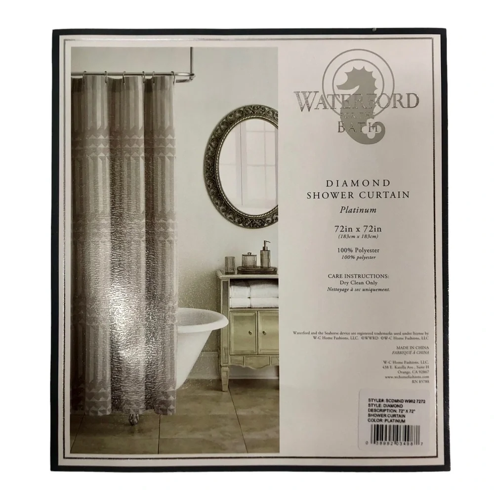 WATERFORD For The Bath Diamond Shower Curtain Color Platinum New in Package